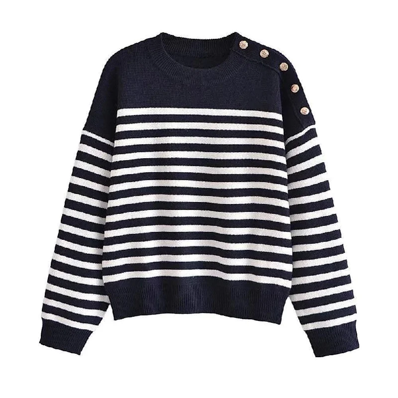 Women's Pullover Sweater for Outdoor Wear-Buttoned Striped Pullover Sweaters