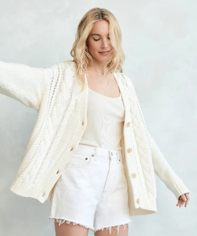 Women's Sweater with Large Buttons-Cable Cardigan