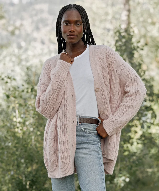 Women's Sweater with Fur Collar-Cable Cocoon Cardigan