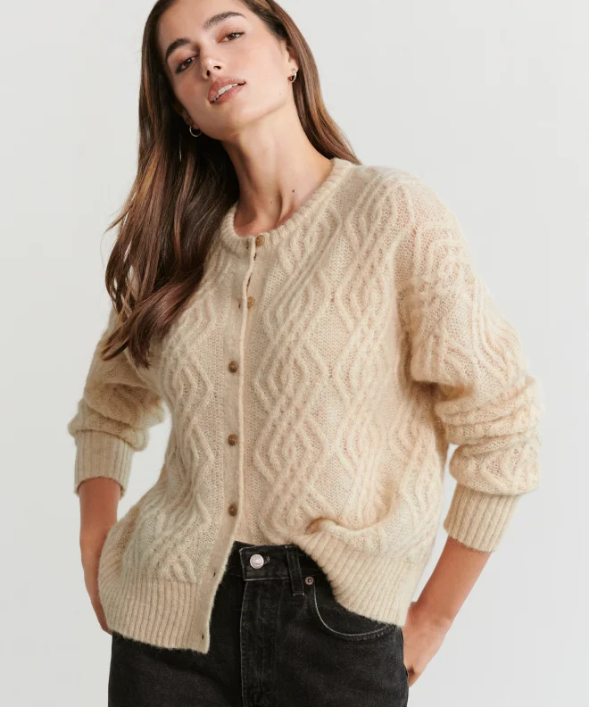 Women's Sweater for Soft, Lightweight Feel-Cable Crewneck Cardigan