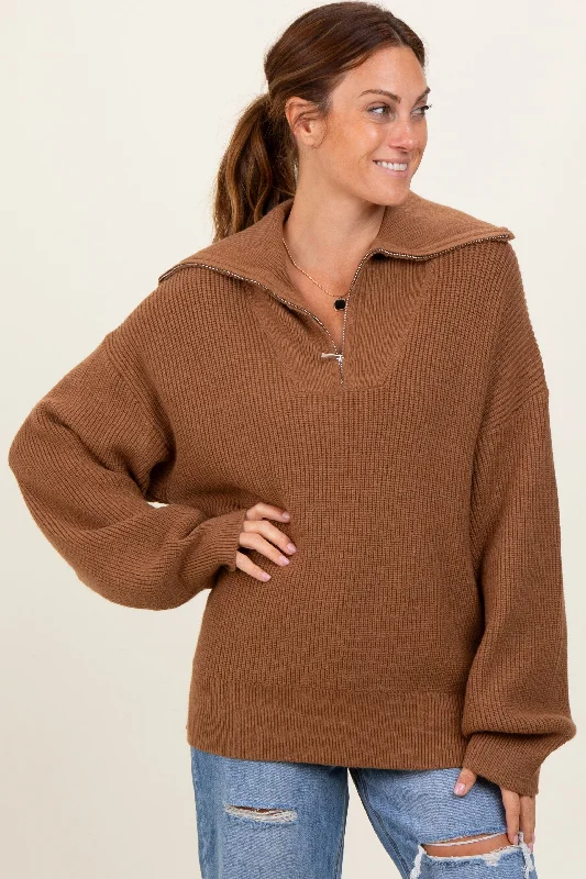 Women's Wool Cashmere Blend Pullover Sweater-Camel Half Zip Chunky Knit Pullover Sweater