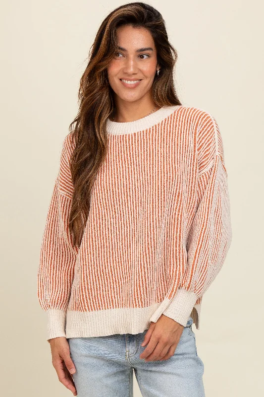 Women's Sweater with Puff Details-Camel Ribbed Balloon Sleeve Sweater