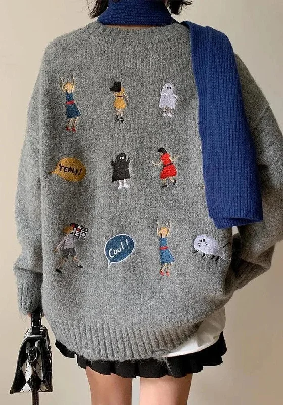 Women's Knit Sweater with Colorful Stripes -Cartoon Embroidered Knitted Sweater