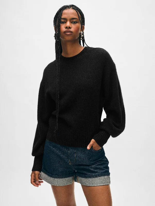 Women's Sweater with Ribbed Detailing-Cashmere Blouson Sleeve Crewneck