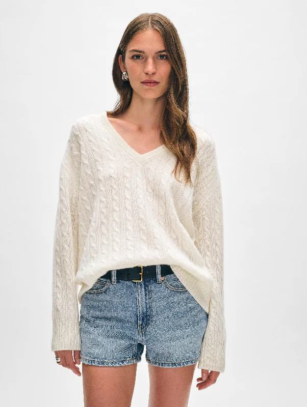 Women's Sweater for Fashionable Layers-Cashmere Cable Knit V Neck