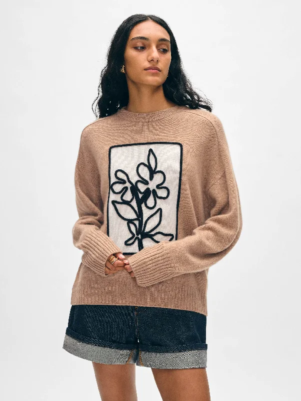 Women's Sweater for Warm and Cozy Days-Cashmere Floral Appliqué Crewneck