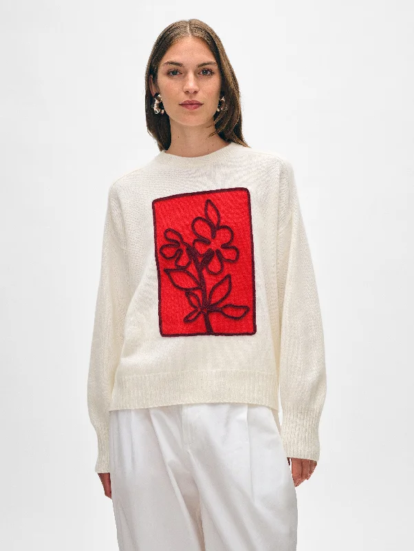 Women's Sweater with Sweater Dress Design-Cashmere Floral Appliqué Crewneck
