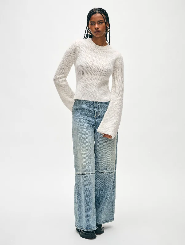 Women's Wool Blend Sweater-Cashmere Fluted Sleeve Top