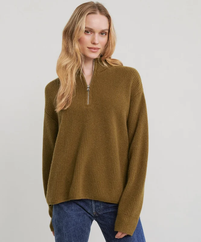 Women's Sweater with Front Buttons-Cashmere Half Zip