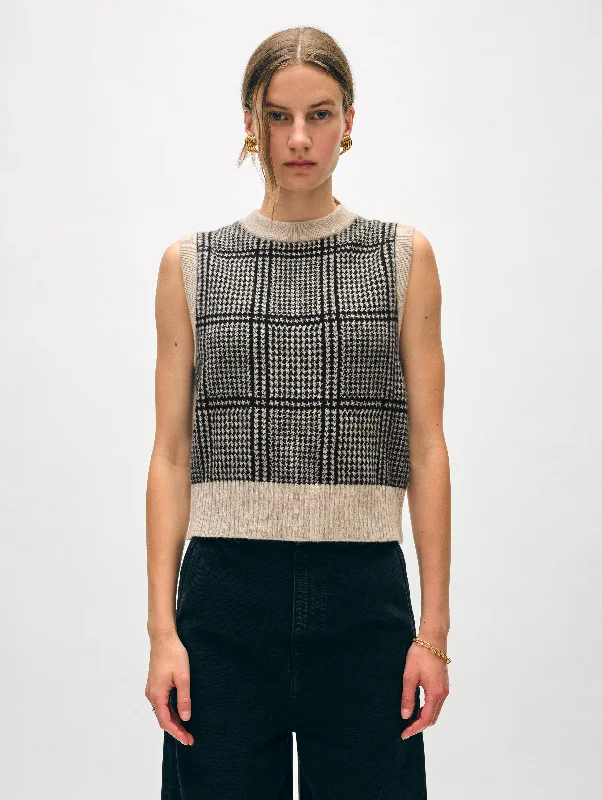Women's Sweater with Ruffle Sleeves-Cashmere Houndstooth Shell