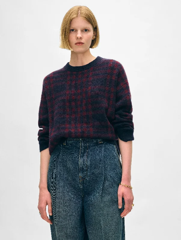 Women's Sweater for Layering Over Skirts-Cashmere Plaid Crewneck