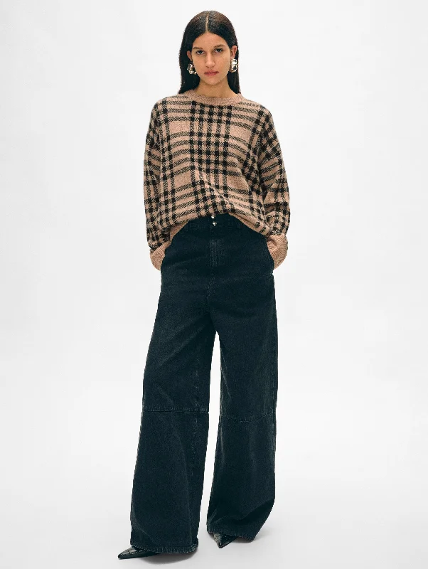 Women's Sweater with Colorful Knits-Cashmere Plaid Crewneck