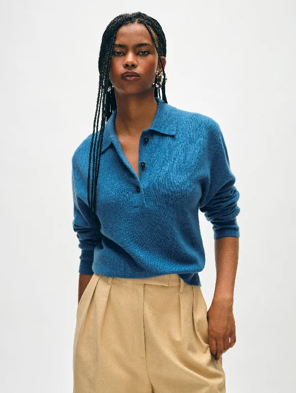 Women's Loose Fit Sweater-Cashmere Button Polo