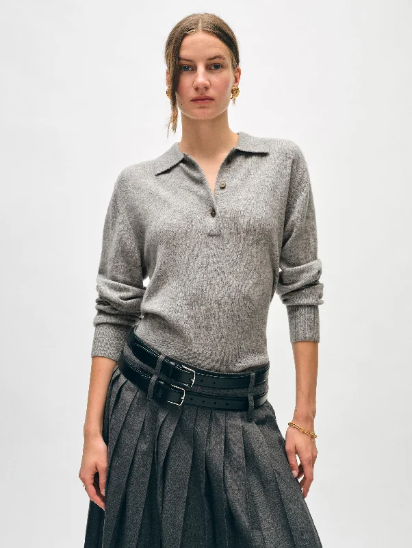 Women's Sweater with Stripes-Cashmere Button Polo