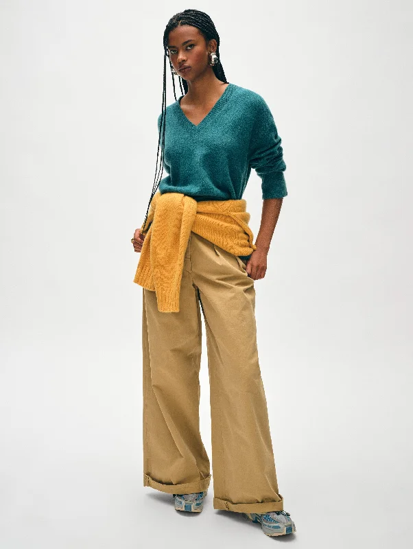 Women's Sweater with Open Knit-Cashmere Relaxed V Neck