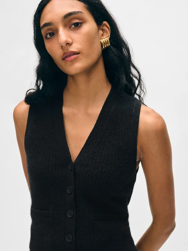 Women's Knit Vests Sweater with Tassels-Cashmere Ribbed Button Vest