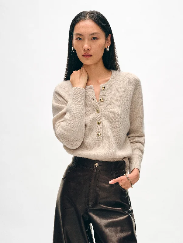 Women's Sweater with Ruching-Cashmere Ribbed Gold Button Henley