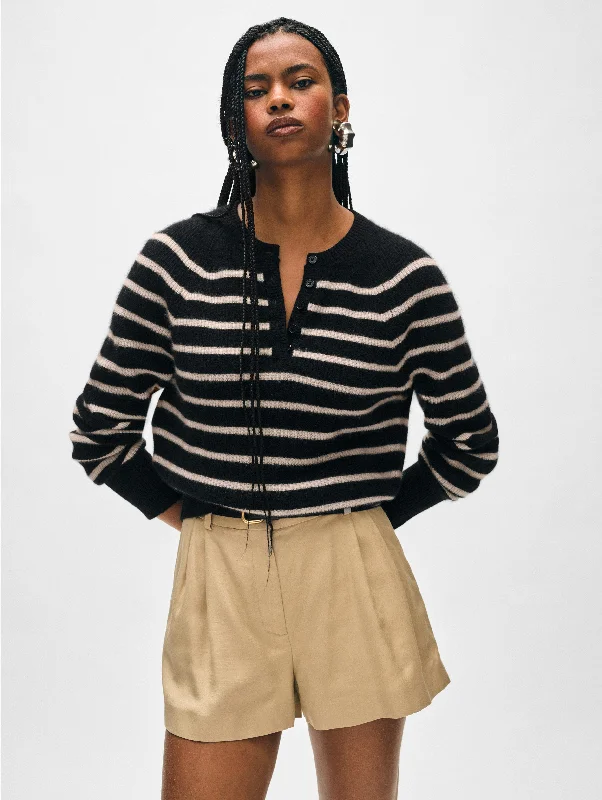 Women's Sweater with Open Front-Cashmere Ribbed Striped Henley