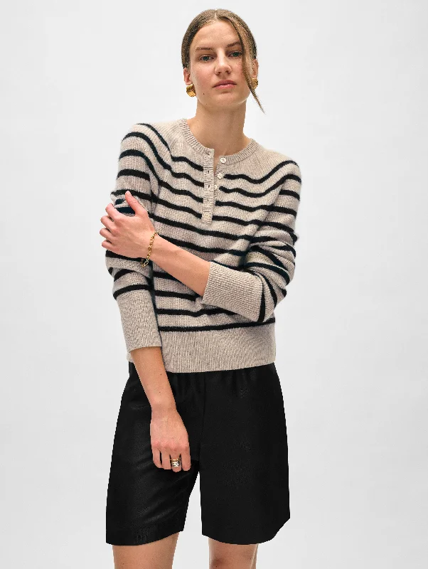 Women's Sweater with Bold Patterns-Cashmere Ribbed Striped Henley