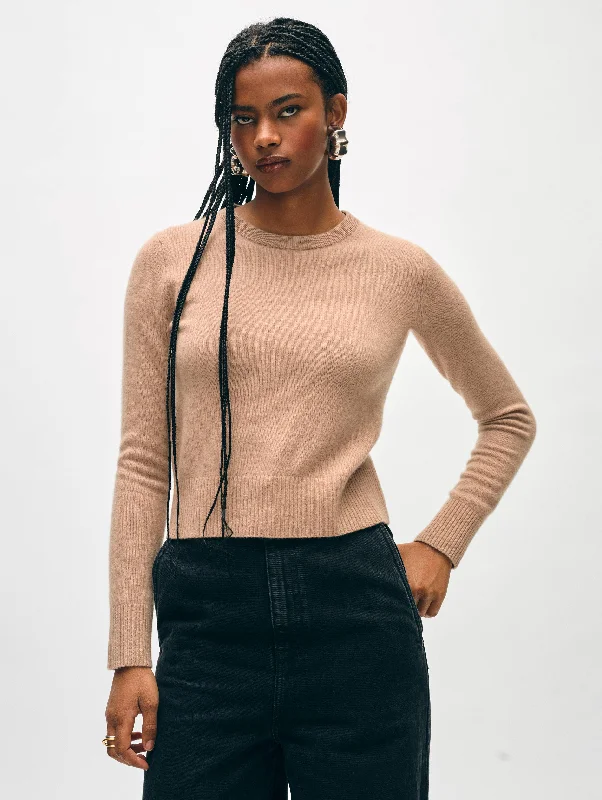 Women's Sweater with Stylish Cut-Cashmere Shrunken Crewneck