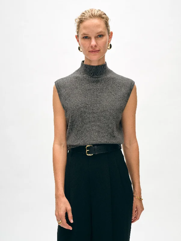 Women's Sweater with 3/4 Sleeves-Cashmere Sleeveless Mockneck