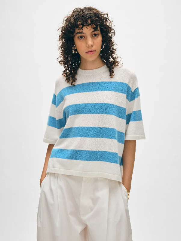 Women's Basic Cotton Short Sleeve T-shirt for Layering -Cashmere Striped Easy Tee