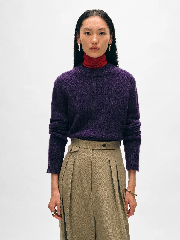 Women's Sweater with Horizontal Ribbing-Cashmere Wide Rib Trim Crewneck