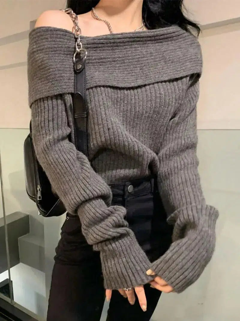 Soft Wool Knit Sweater for Women -Casual Off Shoulder Knitted Sweater