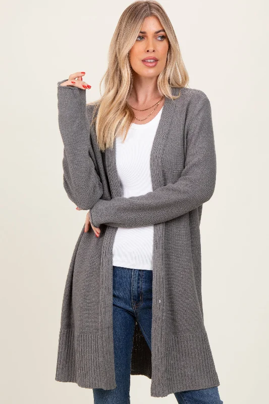 Women's Sweater with Long Ribbed Knit-Charcoal Contrast Rib Long Open Cardigan