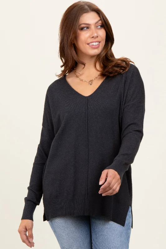 Women's Sweater with Textured Knit-Charcoal Front Seam V-Neck Side Slit Sweater