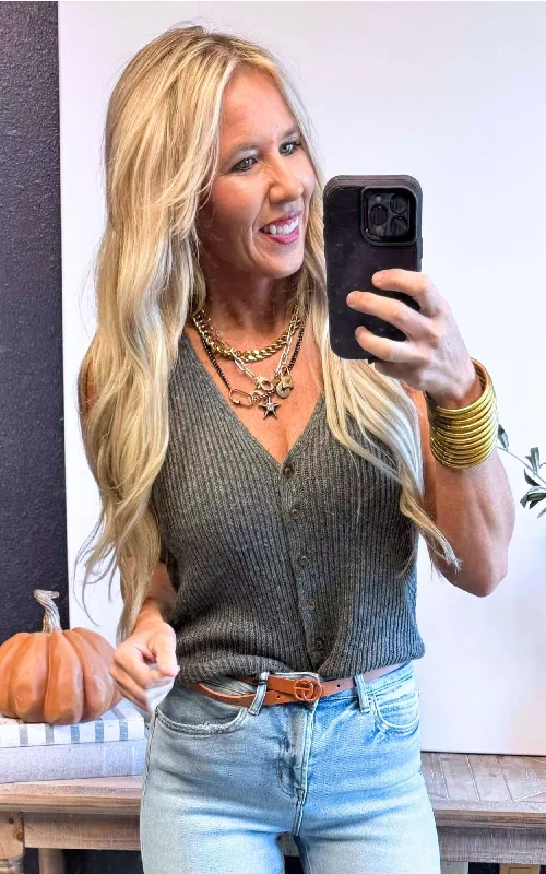 Women's Fashionable Vests Sweater-Charcoal Ribbed V-Neck Sweater Vest