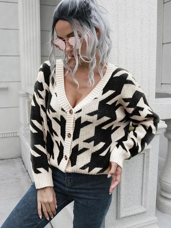 Women's Textured Cardigans Sweater-Check Loose Knit Cardigan Sweater