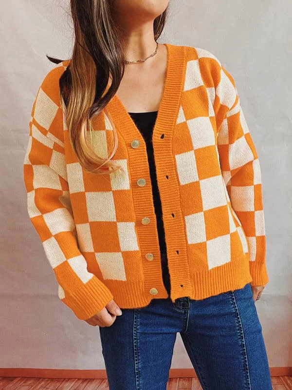 Women's Cropped Cardigans Sweater-Checkerboard Contrast Women Cardigan Sweater