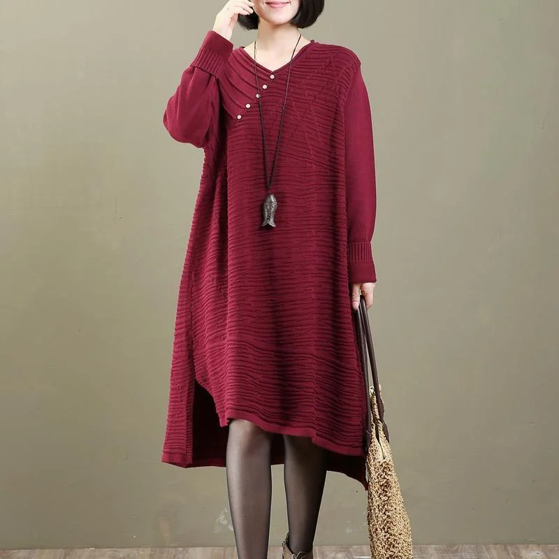 Women's Pullover Sweater with Solid Wool Fabric-Chunky Red Buttons Dotted Knit Dress Oversized Pullover Vintage Long Sweaters Women's Pullover Sweater with Solid Wool Fabric-Chunky Red Buttons Dotted Knit Dress Oversized Pullover Vintage Long Sweaters