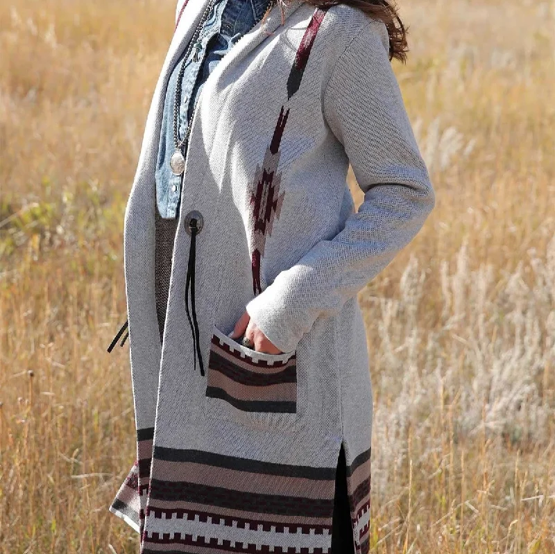 Women's Sweater with Versatile Design-Cruel Women's Southwestern Knitted Duster in Gray & Burgundy