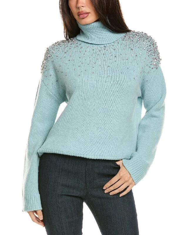 Women's Sweater with Cuffed Sleeves-Cinq a Sept Alani Rhinestone Crackle Wool-Blend Turtleneck Top