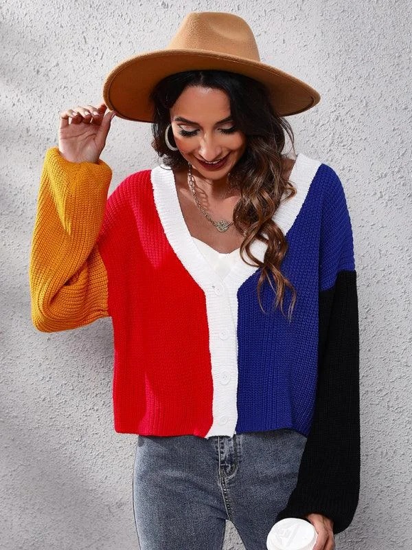 Women's Cardigans Sweater for Everyday Wear-Contrast Color Knitted Cardigan Sweater