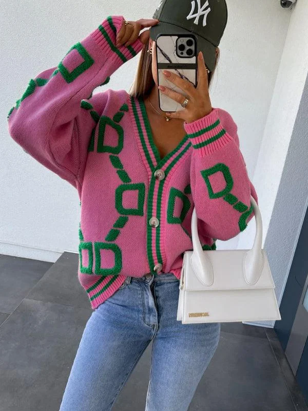 Women's Cardigans Sweater with Loose Fit-Contrast Drop-Sleeve Cardigan Sweater