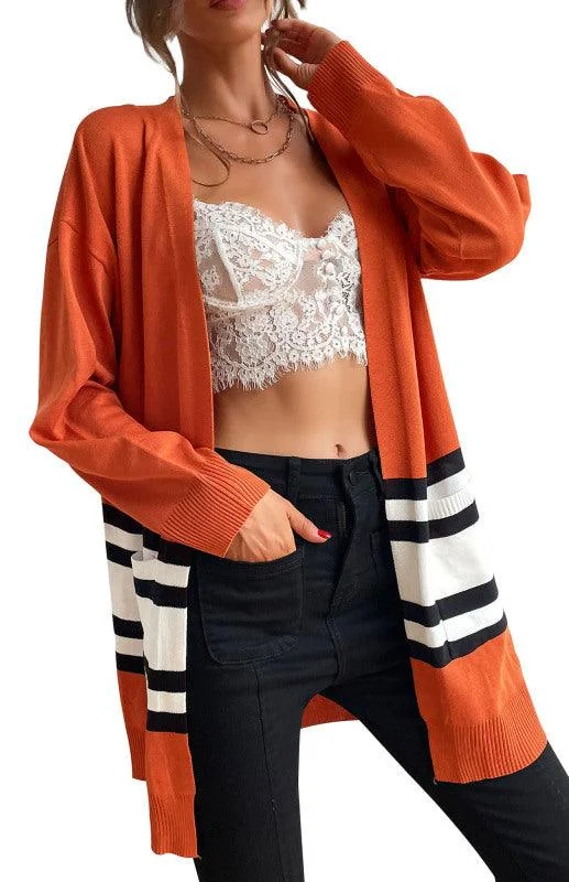 Women's Long Cardigan Sweater-Contrast Stitching Women Cardigan Sweater