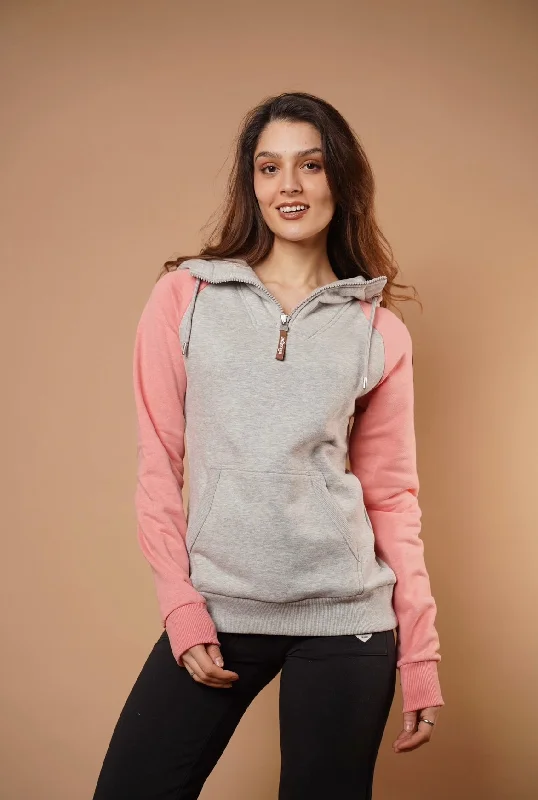 Women's Hoodies with Zippered Hoods -Faith Half-Zip Hoodie in Guava/Light Heather Grey Women's Hoodies with Zippered Hoods -Faith Half-Zip Hoodie in Guava/Light Heather Grey