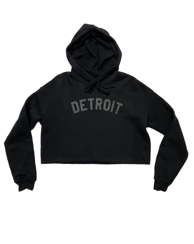 Women's Fashion Hoodies with Bold Logos -Ink Detroit Fleece Crop Hoodie - Black on Black