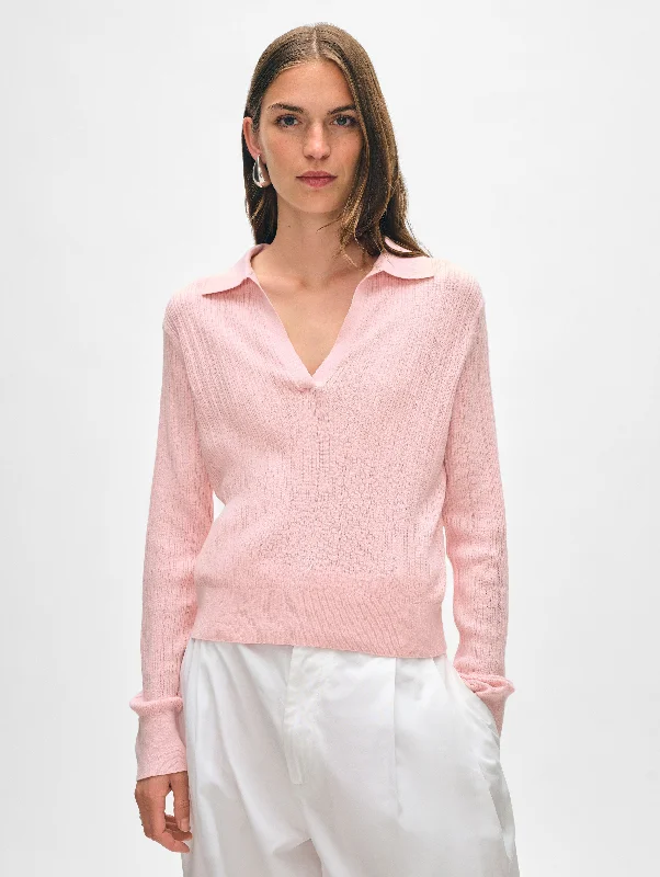 Women's Sweater with Front Buttons-Cotton Linen Ribbed Polo