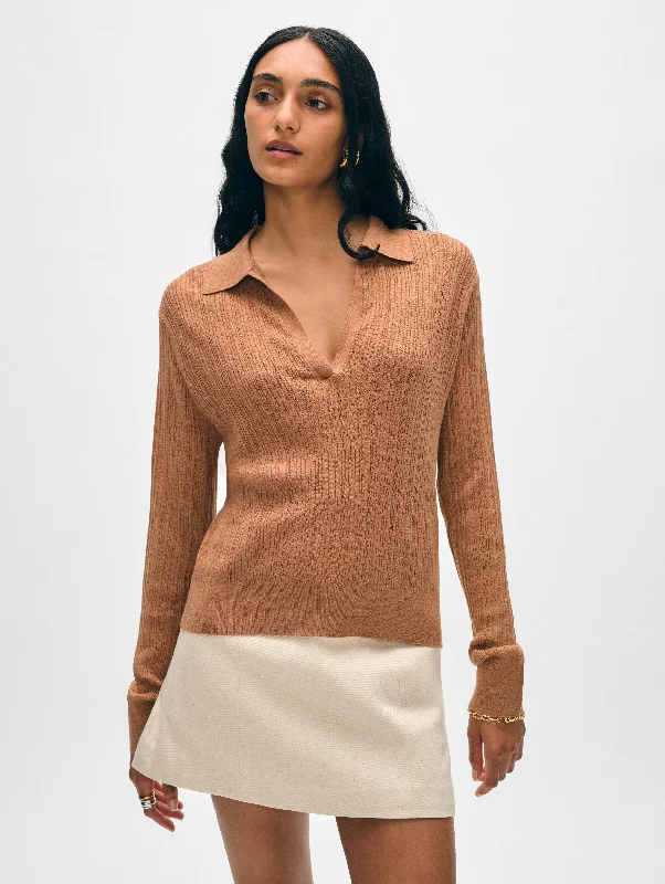 Women's Sweater for Relaxed Fit-Cotton Linen Ribbed Polo