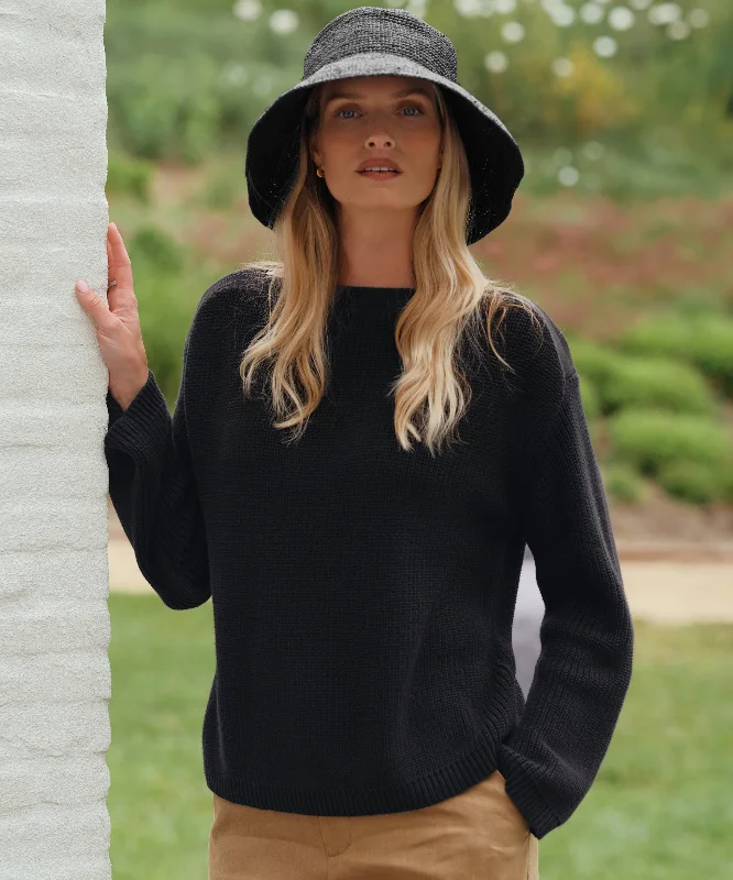 Women's Sweater with Long Knit Sleeves-Cotton Boatneck Sweater