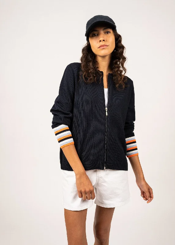 Women's Cardigans Sweater with Belt-COUTANCES - Full-Zip Wool Cardigan With Striped Cuffs (NAVY / MULTICO) Women's Cardigans Sweater with Belt-COUTANCES - Full-Zip Wool Cardigan With Striped Cuffs (NAVY / MULTICO)
