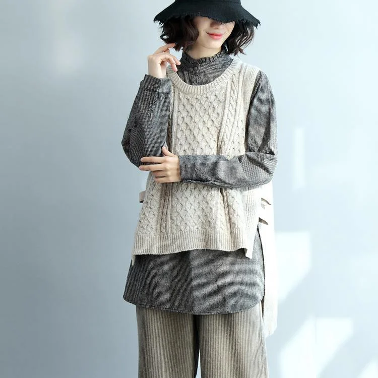 Women's Printed Blouses -cozy beige knit tops trendy plus size side open knitted blouses casual low high design tops