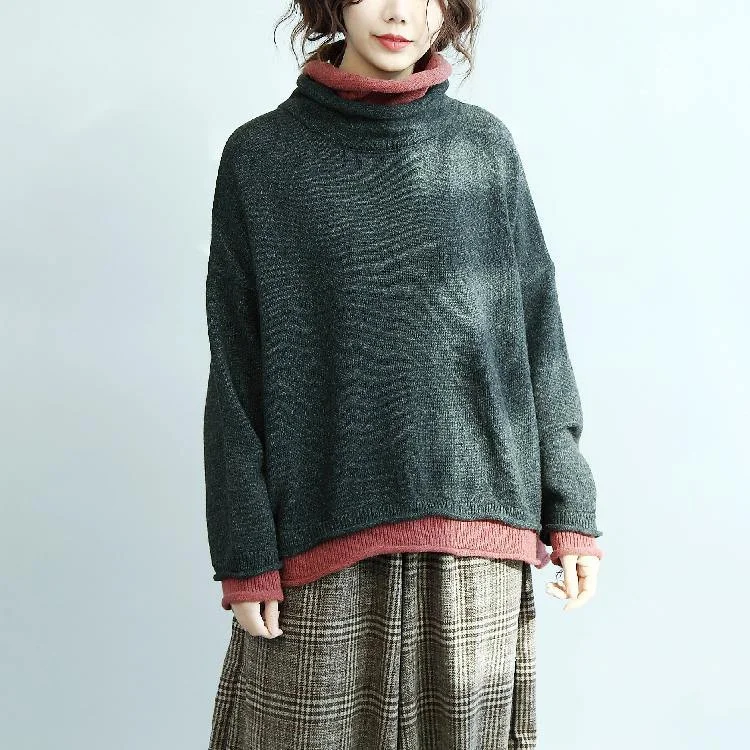 Women's Dress Blouses -Cozy Gray Sweaters Oversized High Neck Knitted Blouses Vintage Batwing Sleeve Tops