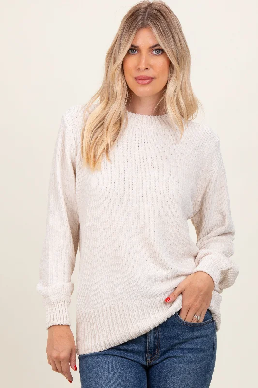 Women's Sweater for Sleek Silhouette-Cream Chenille Knit Sweater