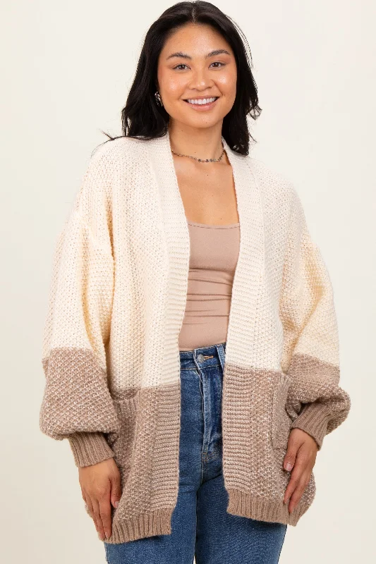 Women's Sweater with Puff Sleeves-Cream Colorblock Bubble Sleeve Knit Cardigan