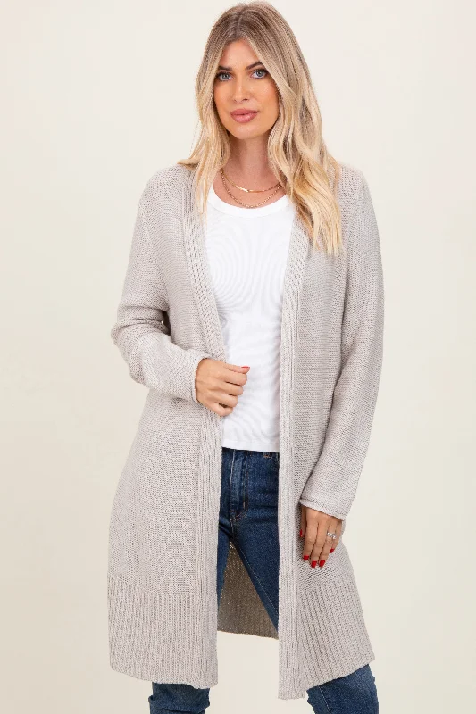 Cozy Sweater for Women-Cream Contrast Rib Long Open Cardigan